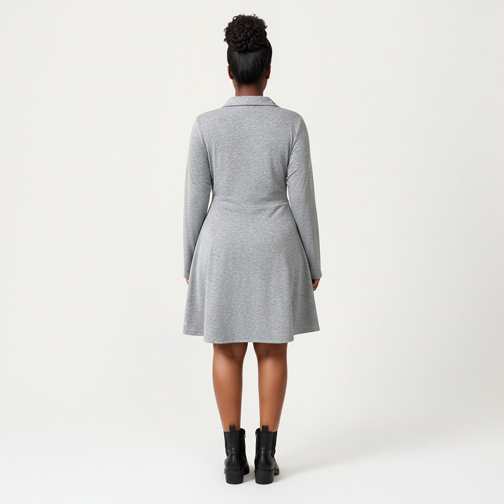 Anna-Kaci Women's Plus Size Long Sleeve Knit Dress with Collared Neckline Twist Front Detail and Flowy Skirt