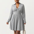 Anna-Kaci Women's Plus Size Long Sleeve Knit Dress with Collared Neckline Twist Front Detail and Flowy Skirt