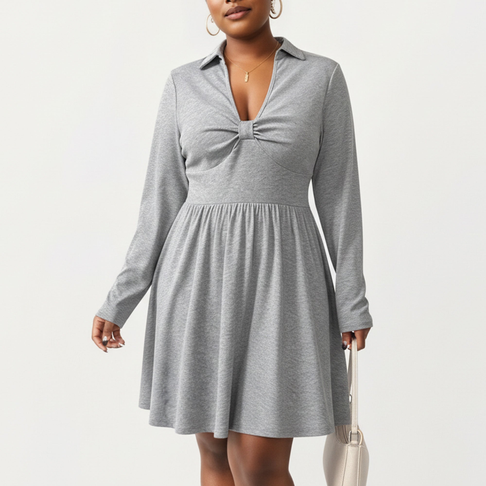 Anna-Kaci Women's Plus Size Long Sleeve Knit Dress with Collared Neckline Twist Front Detail and Flowy Skirt