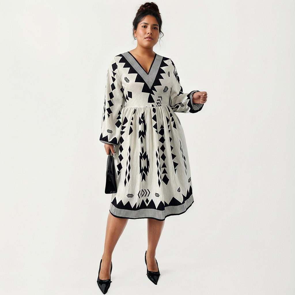 Anna-Kaci Women's Plus Size Long Sleeve V Neck Dress with Geometric Print Border Details and Flowy Skirt