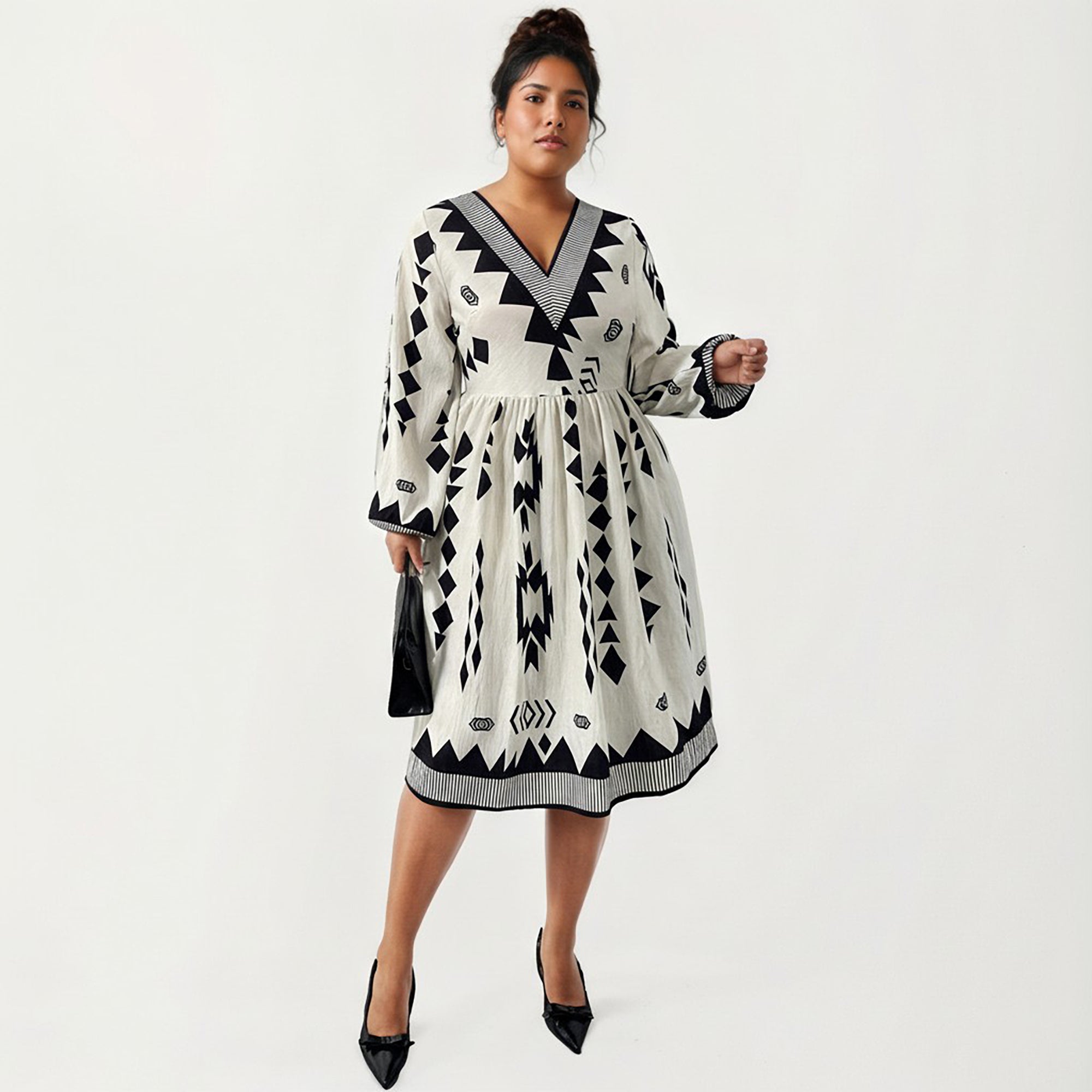 Anna-Kaci Women's Plus Size Long Sleeve V Neck Dress with Geometric Print Border Details and Flowy Skirt