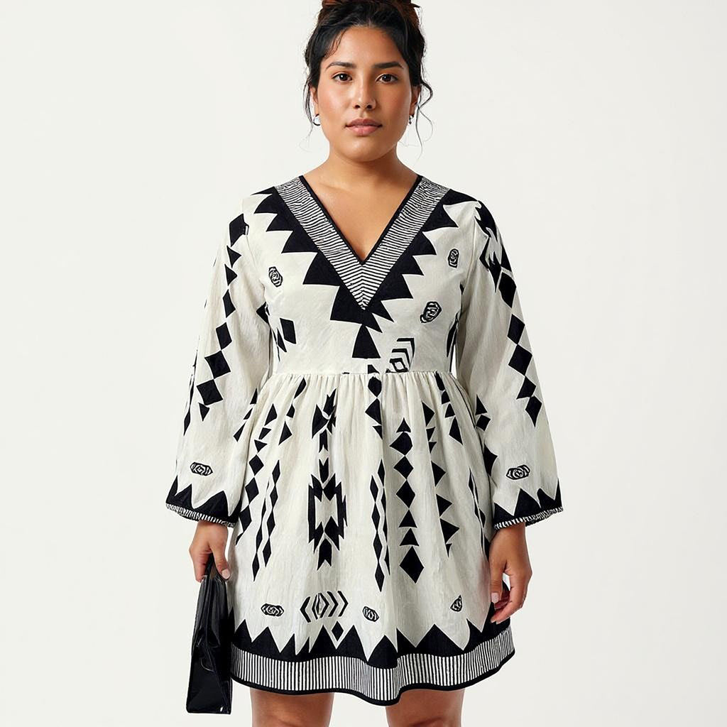 Anna-Kaci Women's Plus Size Long Sleeve V Neck Dress with Geometric Print Border Details and Flowy Skirt