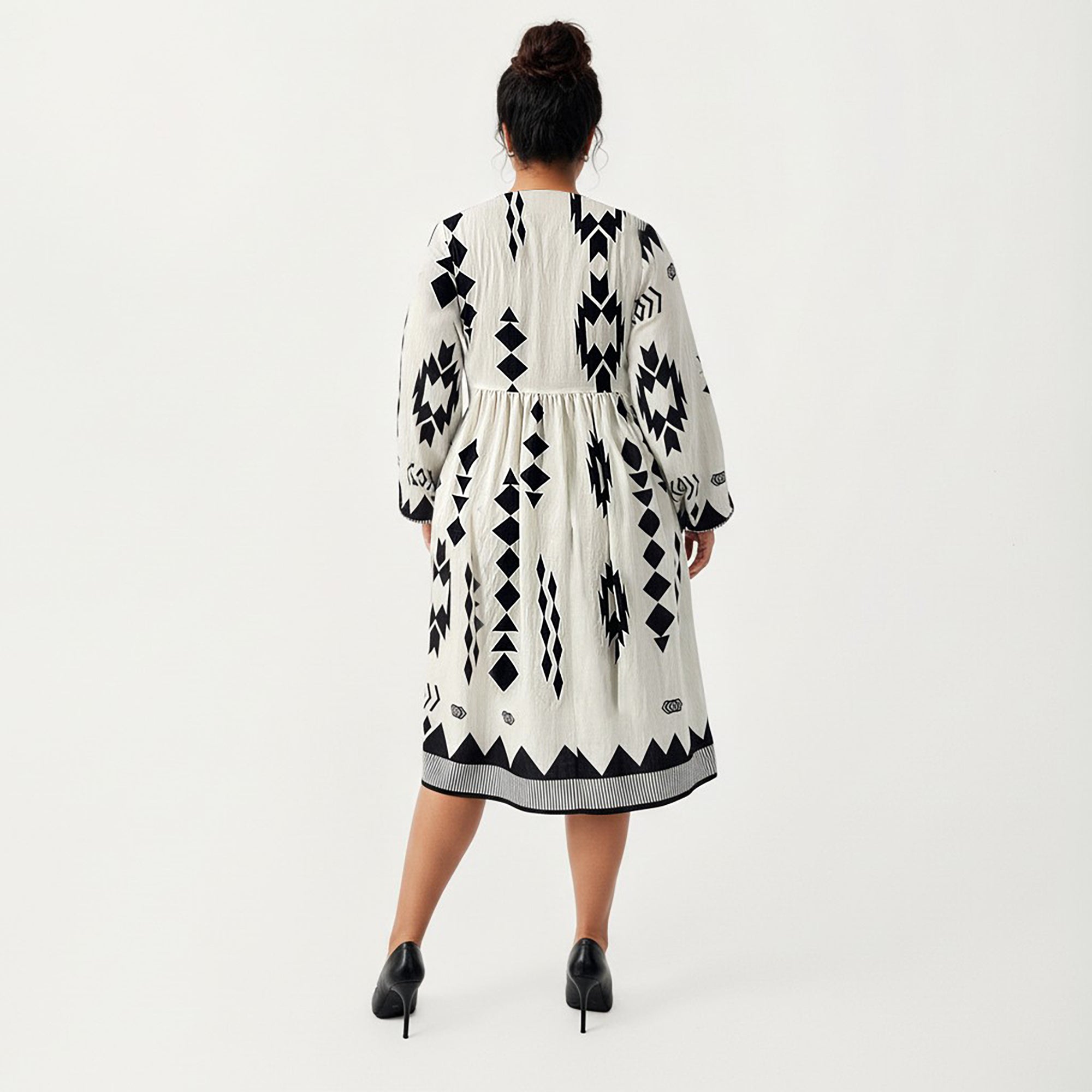 Anna-Kaci Women's Plus Size Long Sleeve V Neck Dress with Geometric Print Border Details and Flowy Skirt