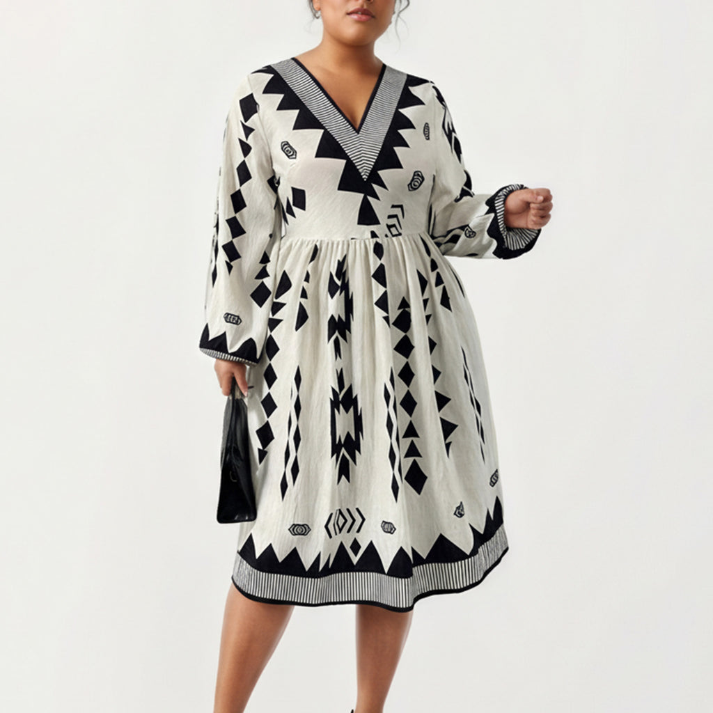 Anna-Kaci Women's Plus Size Long Sleeve V Neck Dress with Geometric Print Border Details and Flowy Skirt