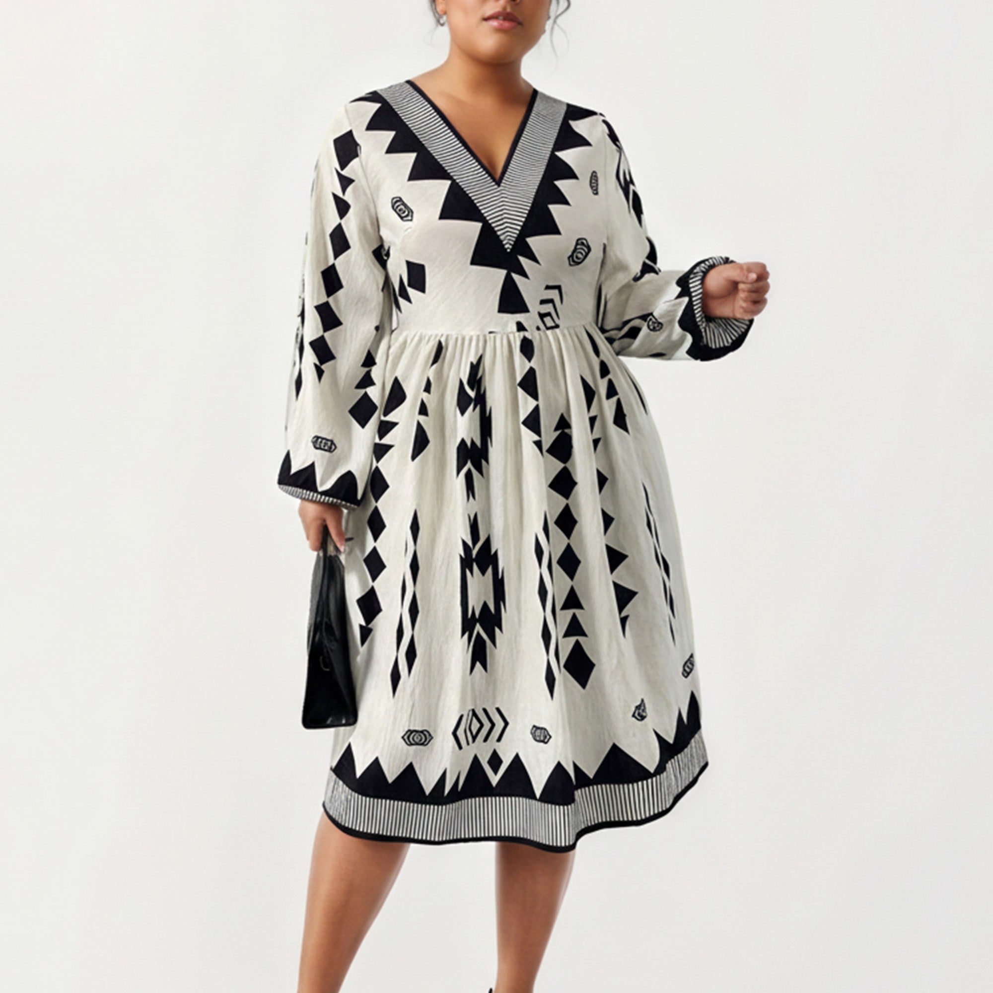 Anna-Kaci Women's Plus Size Long Sleeve V Neck Dress with Geometric Print Border Details and Flowy Skirt