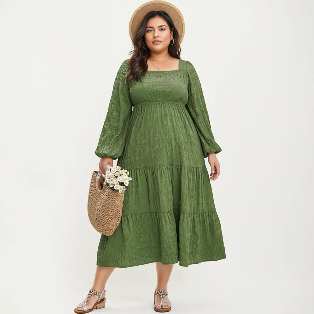 Anna-Kaci Women's Plus Size Long Sleeve Square Neck Midi Dress with Smocked Bodice and Tiered Flowy Skirt