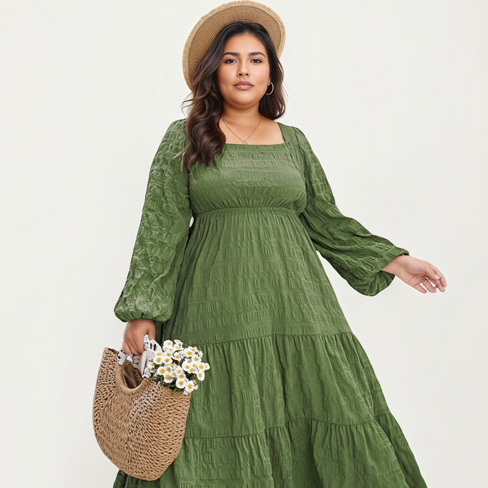 Anna-Kaci Women's Plus Size Long Sleeve Square Neck Midi Dress with Smocked Bodice and Tiered Flowy Skirt