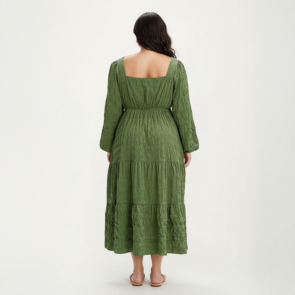 Anna-Kaci Women's Plus Size Long Sleeve Square Neck Midi Dress with Smocked Bodice and Tiered Flowy Skirt