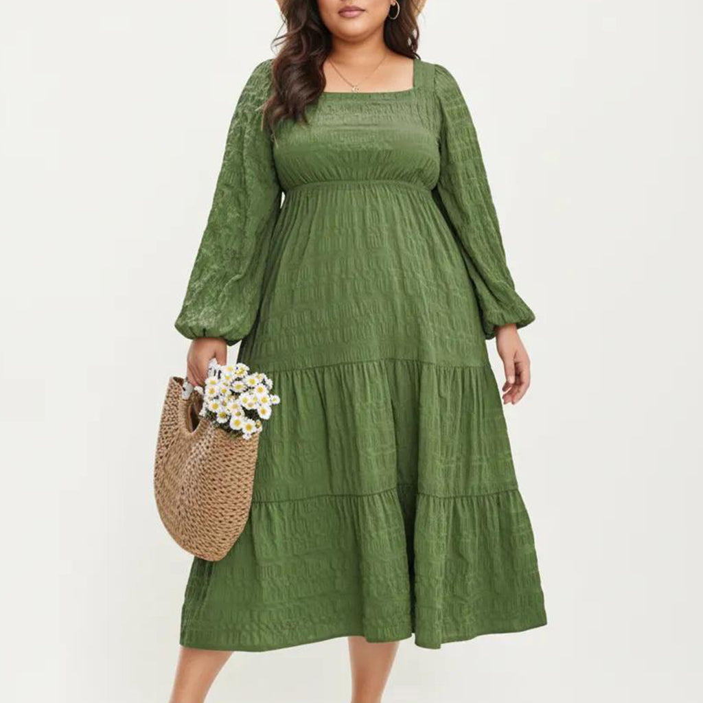 Anna-Kaci Women's Plus Size Long Sleeve Square Neck Midi Dress with Smocked Bodice and Tiered Flowy Skirt
