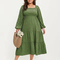 Anna-Kaci Women's Plus Size Long Sleeve Square Neck Midi Dress with Smocked Bodice and Tiered Flowy Skirt