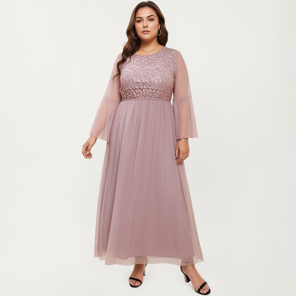 Anna-Kaci Women's Plus Size Long Sleeve Embroidered Mesh Midi Dress with Flowy Skirt and Defined Waist