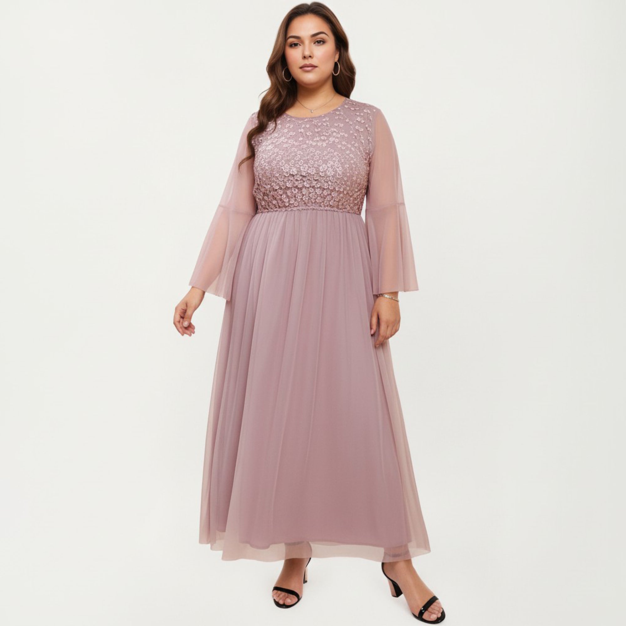 Anna-Kaci Women's Plus Size Long Sleeve Embroidered Mesh Midi Dress with Flowy Skirt and Defined Waist
