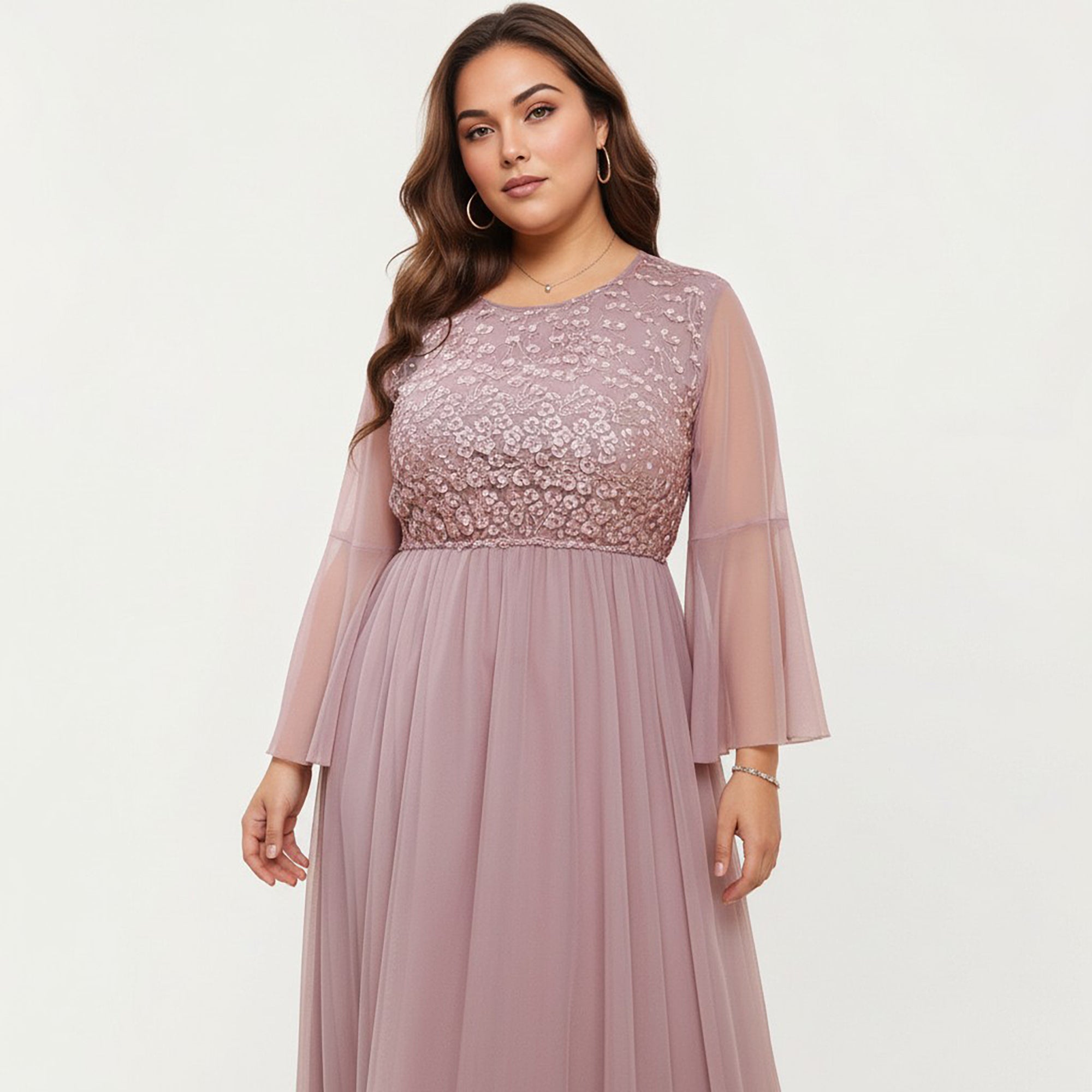 Anna-Kaci Women's Plus Size Long Sleeve Embroidered Mesh Midi Dress with Flowy Skirt and Defined Waist