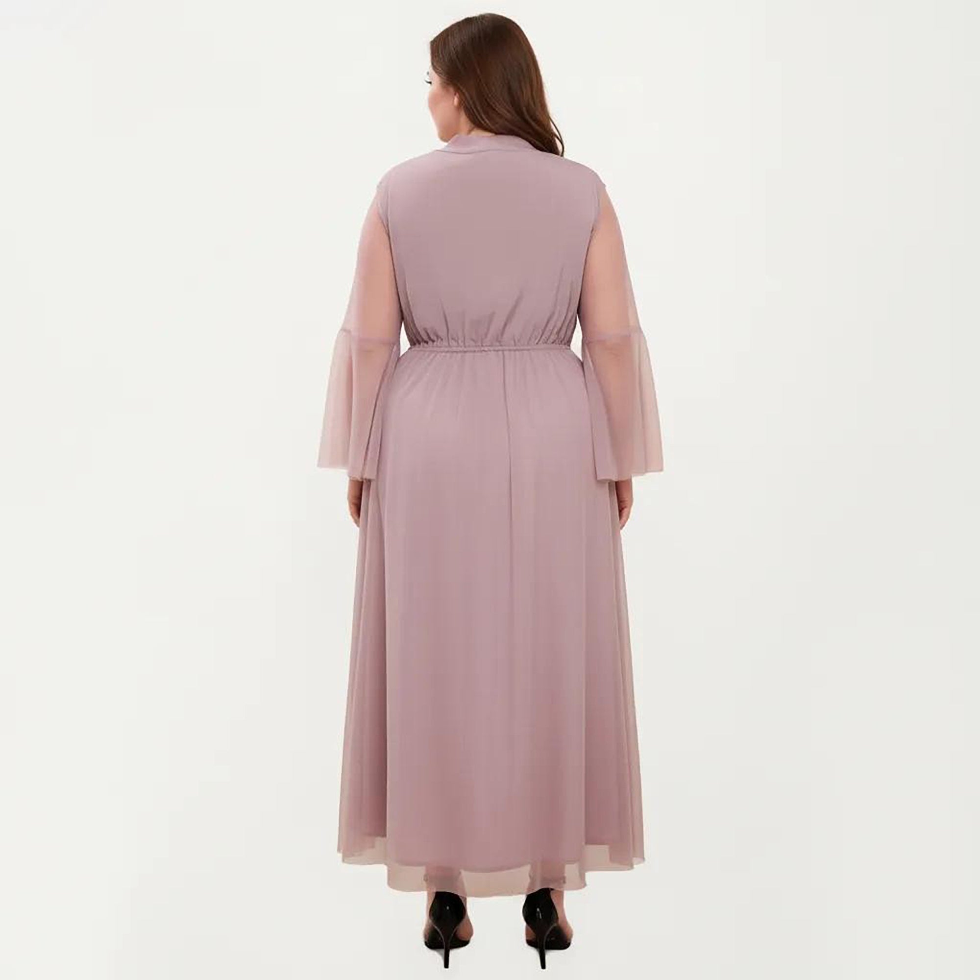 Anna-Kaci Women's Plus Size Long Sleeve Embroidered Mesh Midi Dress with Flowy Skirt and Defined Waist