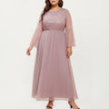 Anna-Kaci Women's Plus Size Long Sleeve Embroidered Mesh Midi Dress with Flowy Skirt and Defined Waist