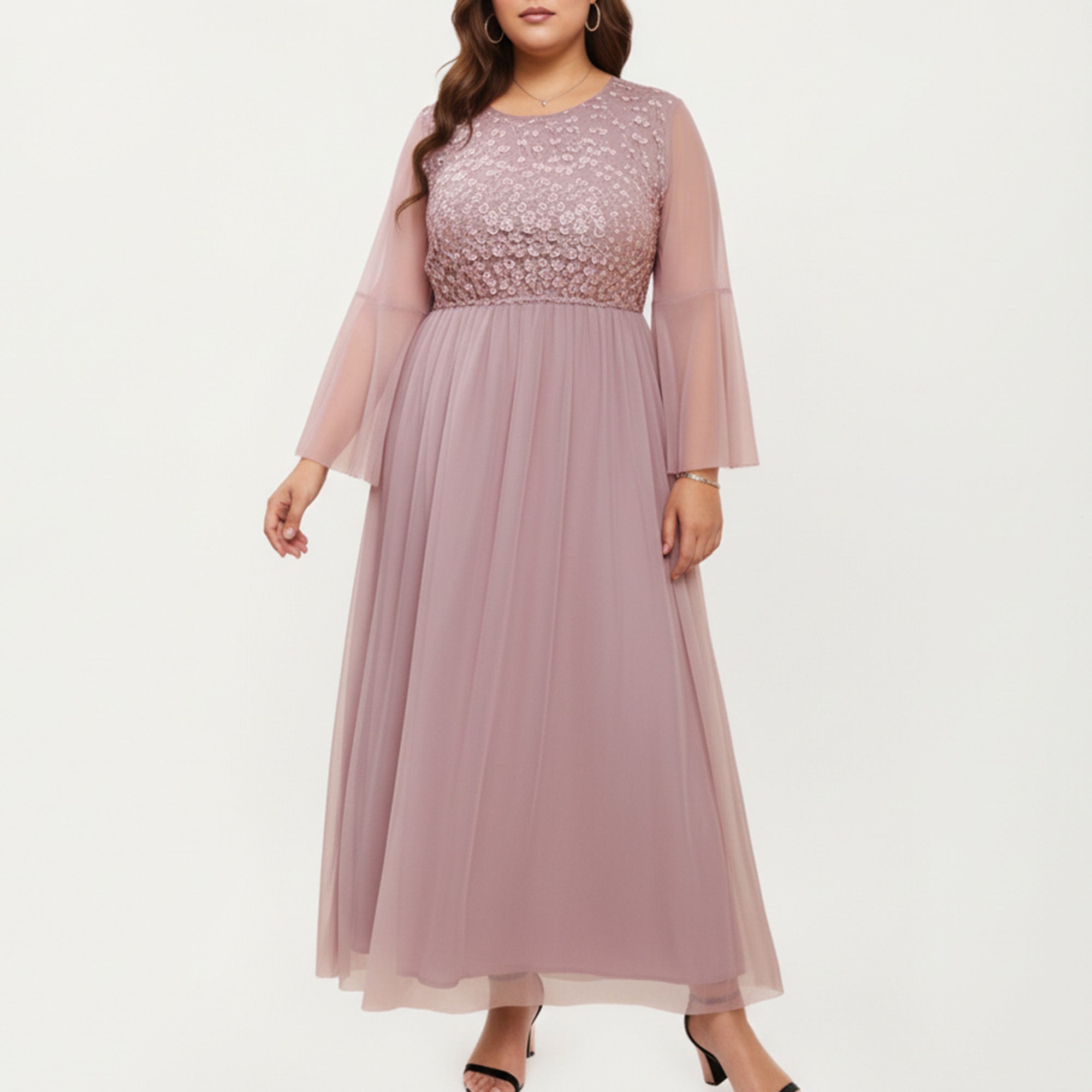 Anna-Kaci Women's Plus Size Long Sleeve Embroidered Mesh Midi Dress with Flowy Skirt and Defined Waist