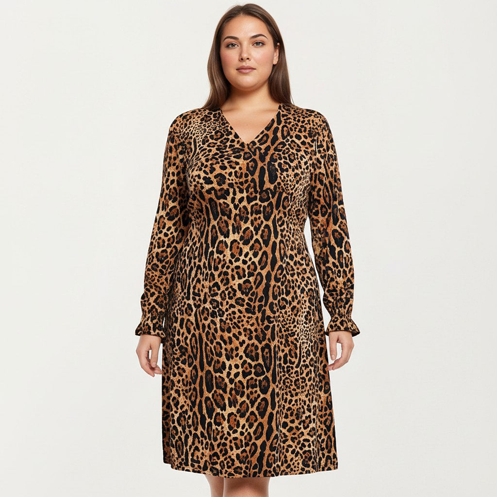 Anna-Kaci Women's Plus Size Leopard Print Long Sleeve V-Neck Knit Dress with Flattering Straight Silhouette