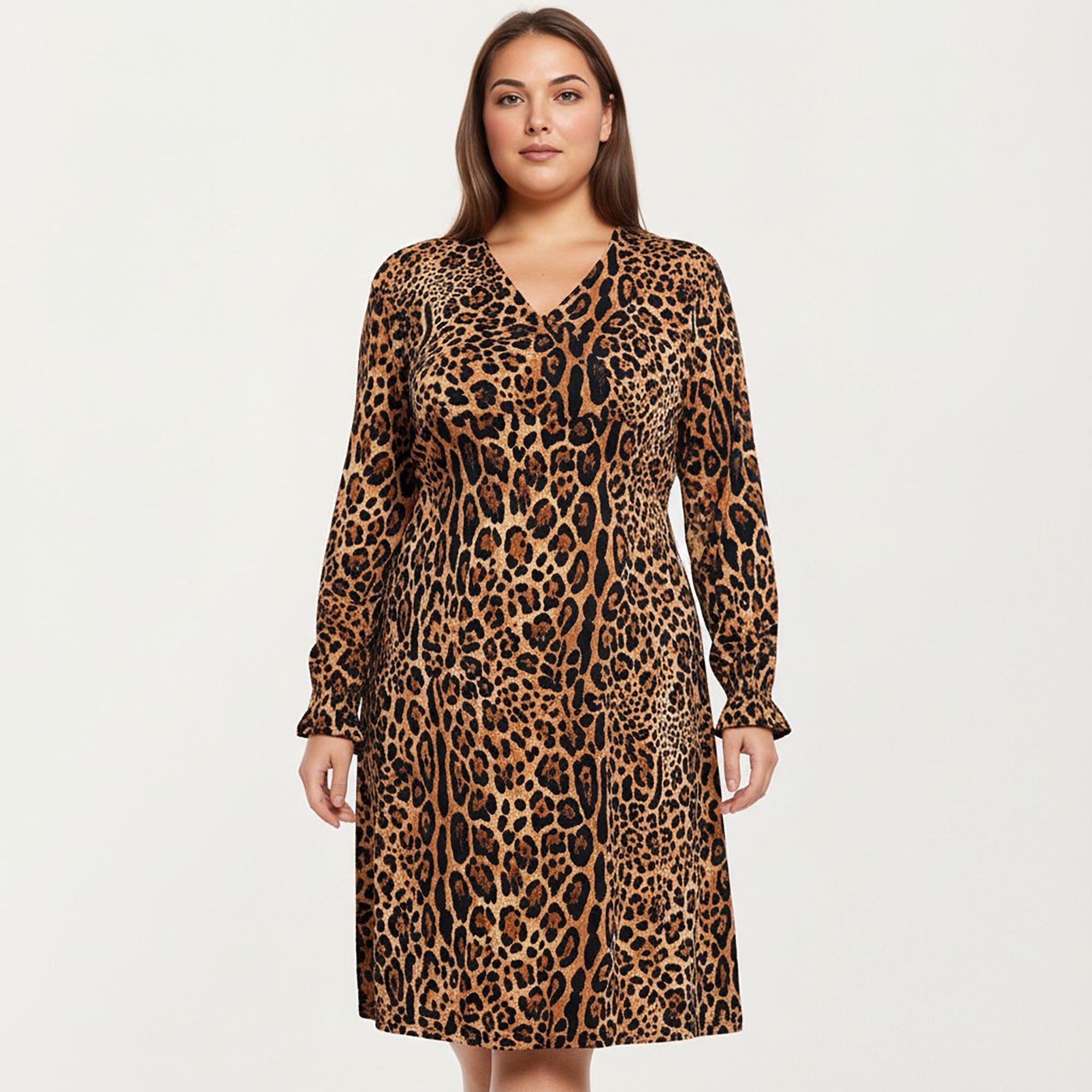 Anna-Kaci Women's Plus Size Leopard Print Long Sleeve V-Neck Knit Dress with Flattering Straight Silhouette