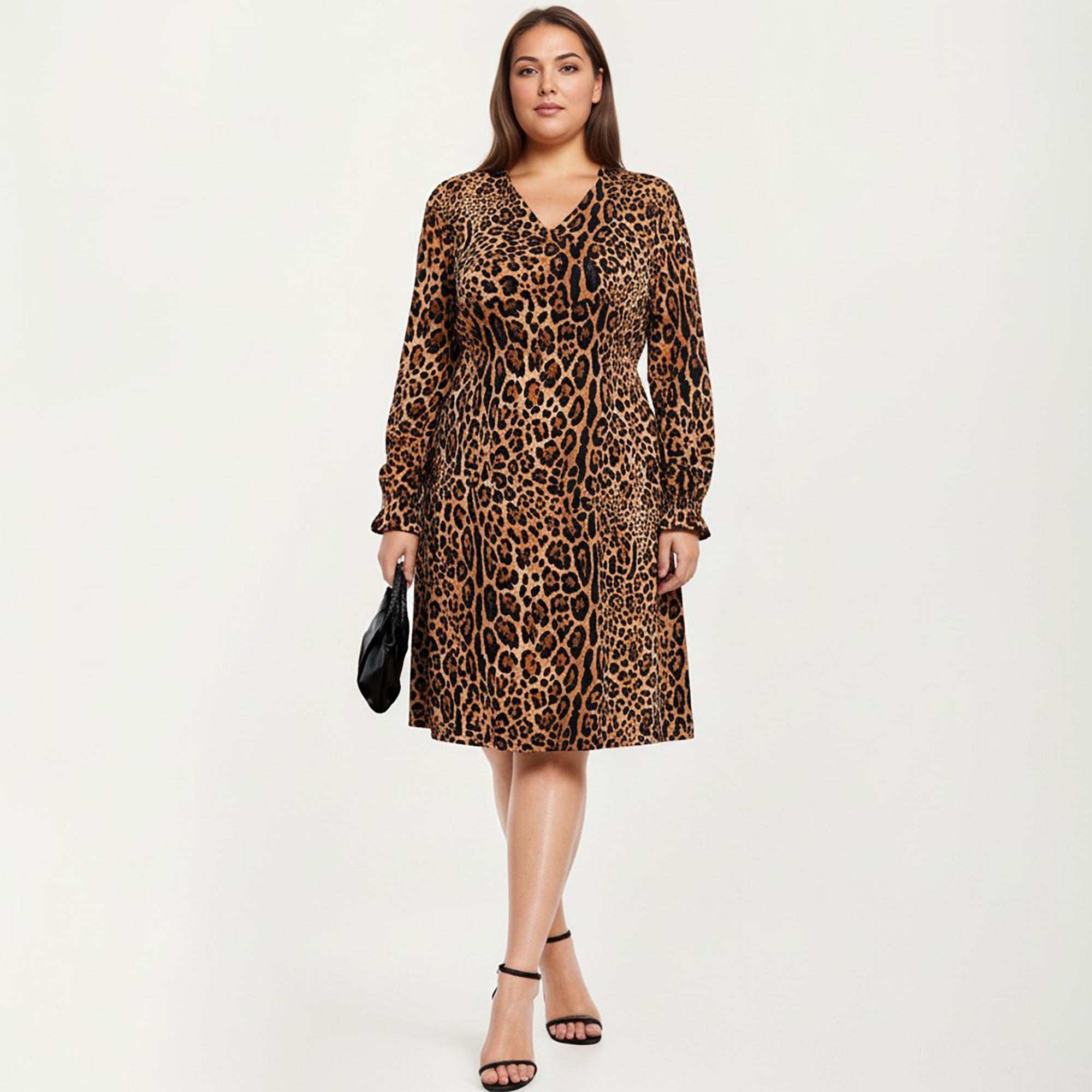 Anna-Kaci Women's Plus Size Leopard Print Long Sleeve V-Neck Knit Dress with Flattering Straight Silhouette