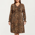 Anna-Kaci Women's Plus Size Leopard Print Long Sleeve V-Neck Knit Dress with Flattering Straight Silhouette
