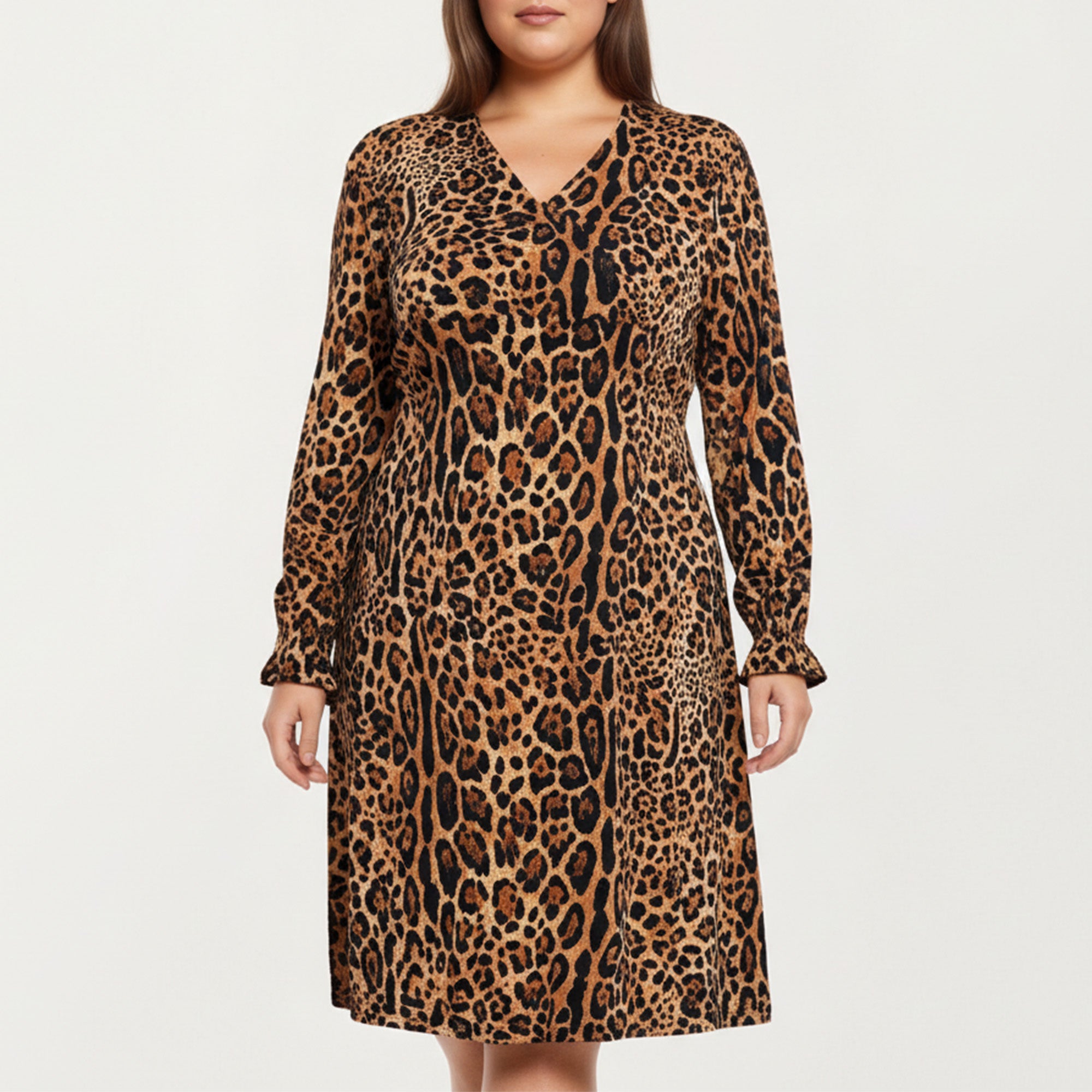 Anna-Kaci Women's Plus Size Leopard Print Long Sleeve V-Neck Knit Dress with Flattering Straight Silhouette