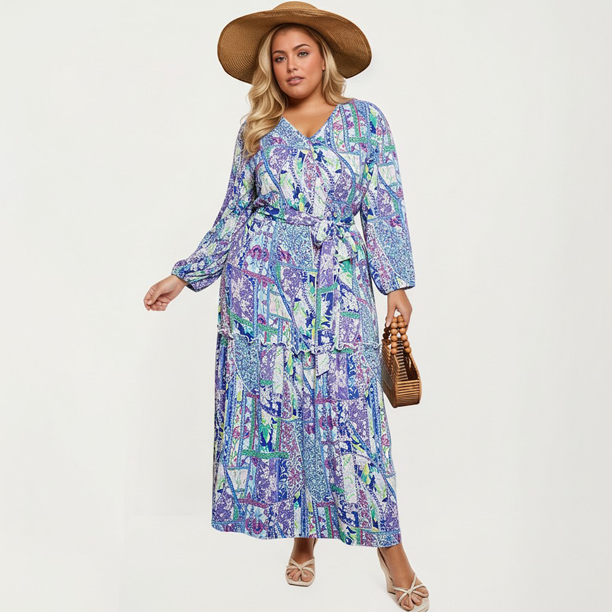 Anna-Kaci Women's Plus Size Patchwork Print Long Sleeve V-Neck Maxi Dress with Waist Tie and Tiered Skirt