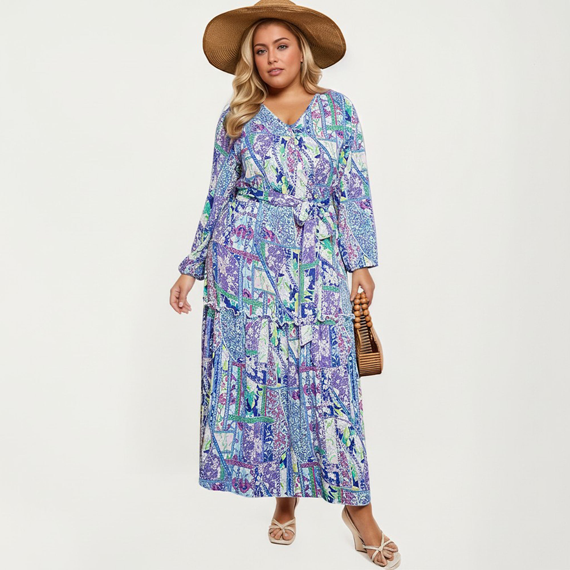 Anna-Kaci Women's Plus Size Patchwork Print Long Sleeve V-Neck Maxi Dress with Waist Tie and Tiered Skirt