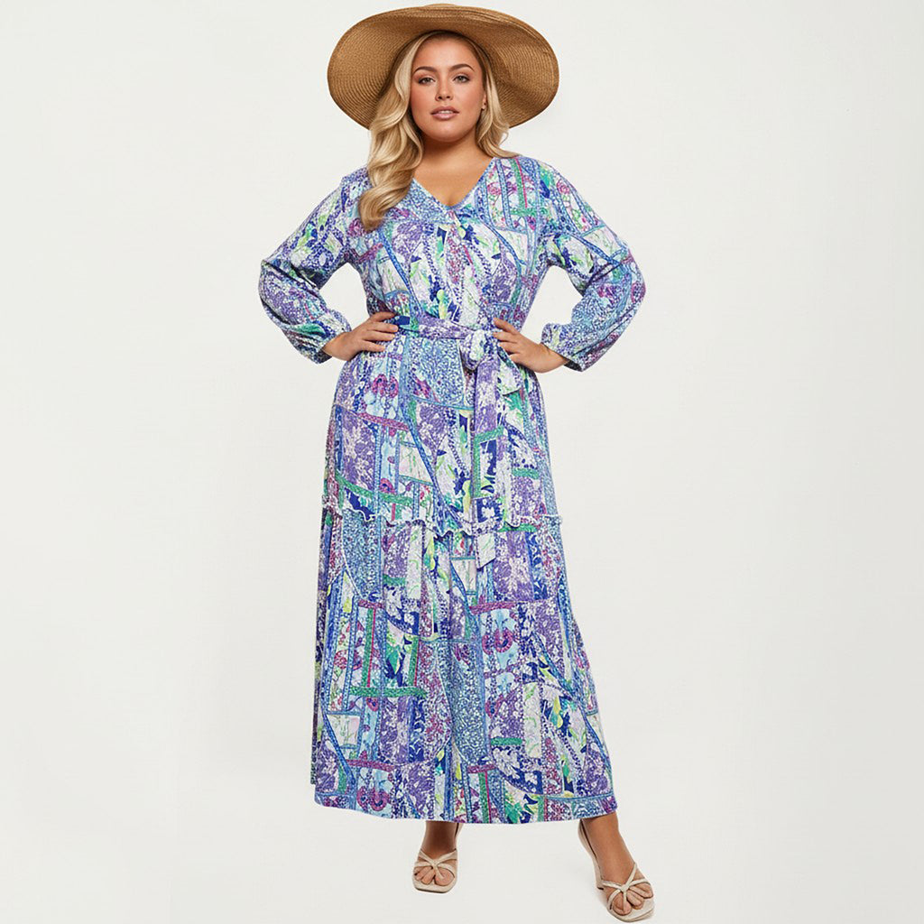 Anna-Kaci Women's Plus Size Patchwork Print Long Sleeve V-Neck Maxi Dress with Waist Tie and Tiered Skirt