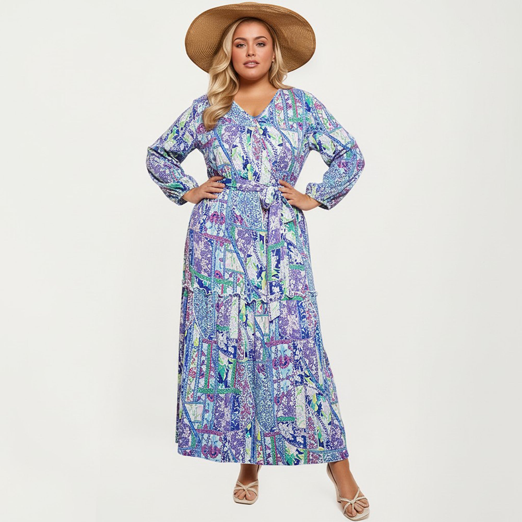 Anna-Kaci Women's Plus Size Patchwork Print Long Sleeve V-Neck Maxi Dress with Waist Tie and Tiered Skirt