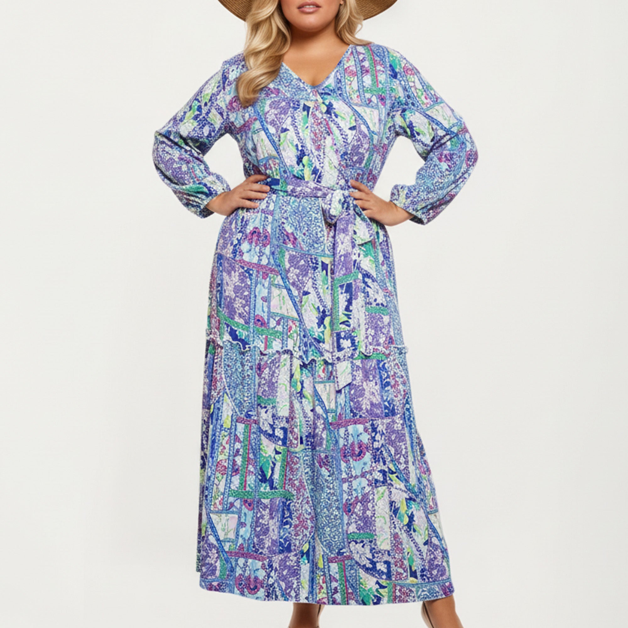 Anna-Kaci Women's Plus Size Patchwork Print Long Sleeve V-Neck Maxi Dress with Waist Tie and Tiered Skirt