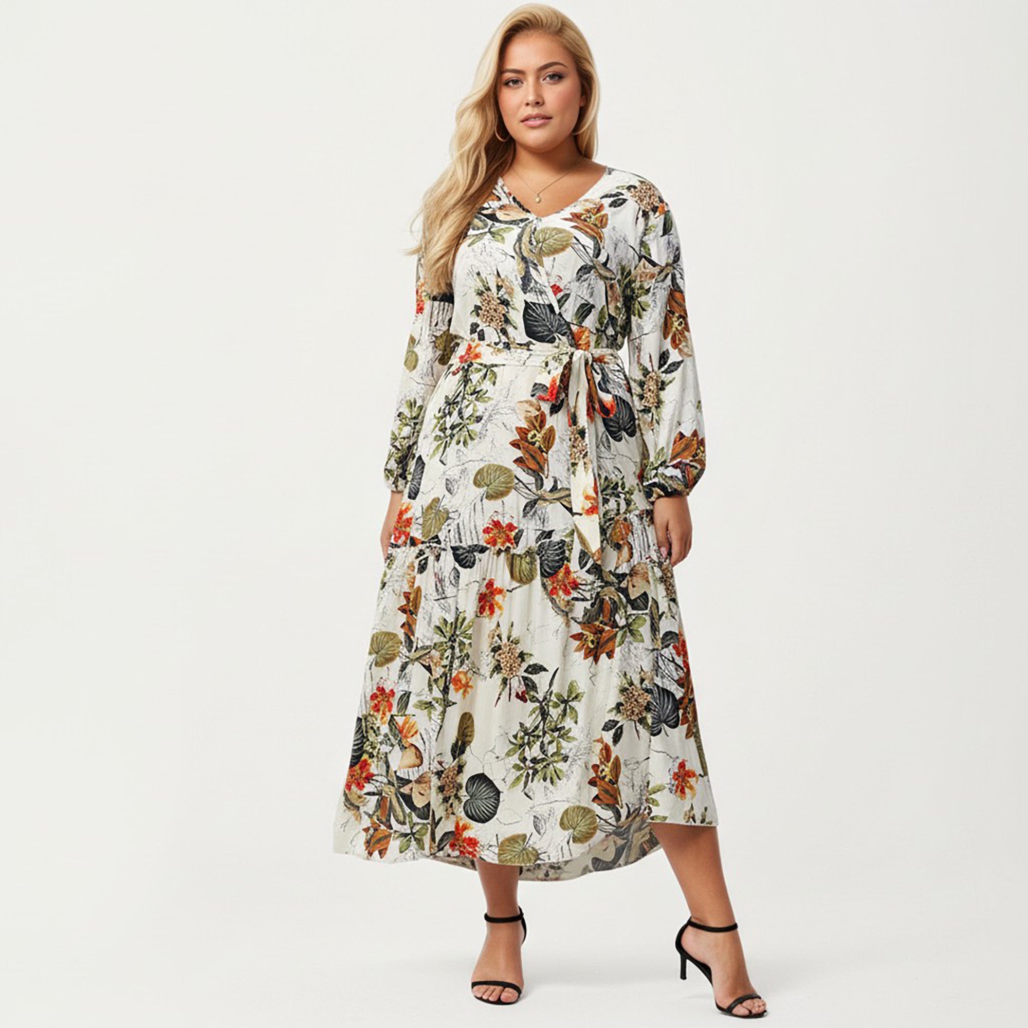 Anna-Kaci Women's Plus Size Floral Print Long Sleeve V-Neck Midi Dress with Waist Tie and Tiered Skirt