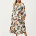 Anna-Kaci Women's Plus Size Floral Print Long Sleeve V-Neck Midi Dress with Waist Tie and Tiered Skirt