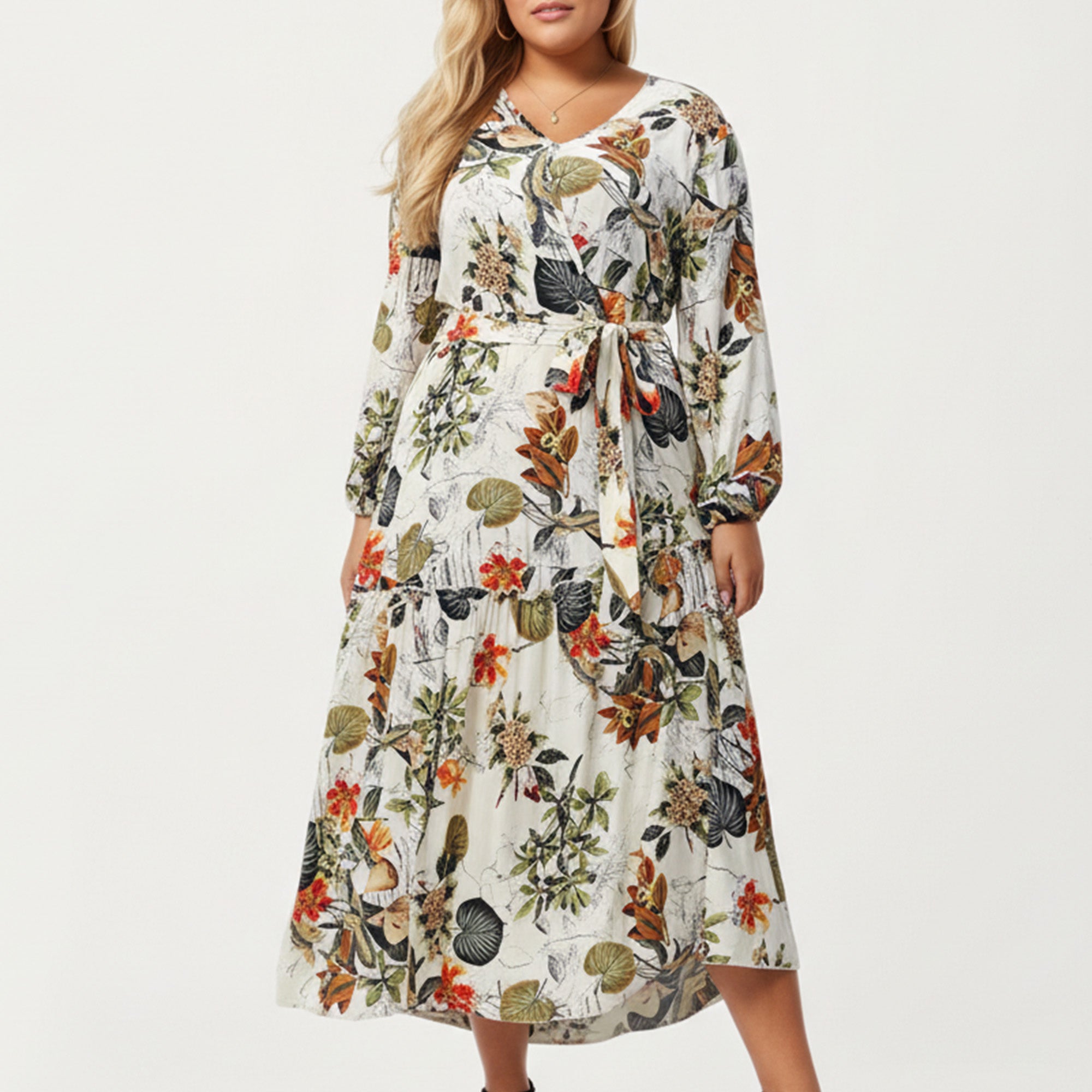 Anna-Kaci Women's Plus Size Floral Print Long Sleeve V-Neck Midi Dress with Waist Tie and Tiered Skirt