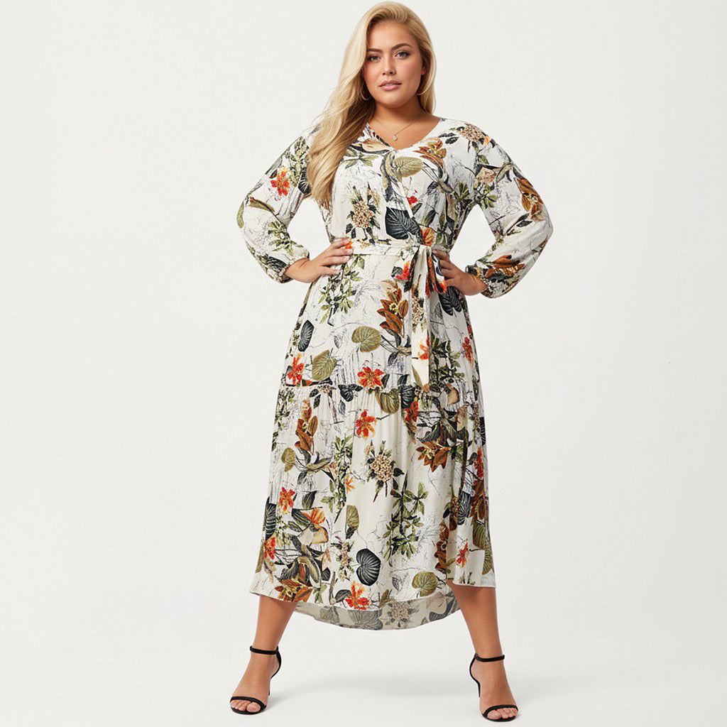 Anna-Kaci Women's Plus Size Floral Print Long Sleeve V-Neck Midi Dress with Waist Tie and Tiered Skirt