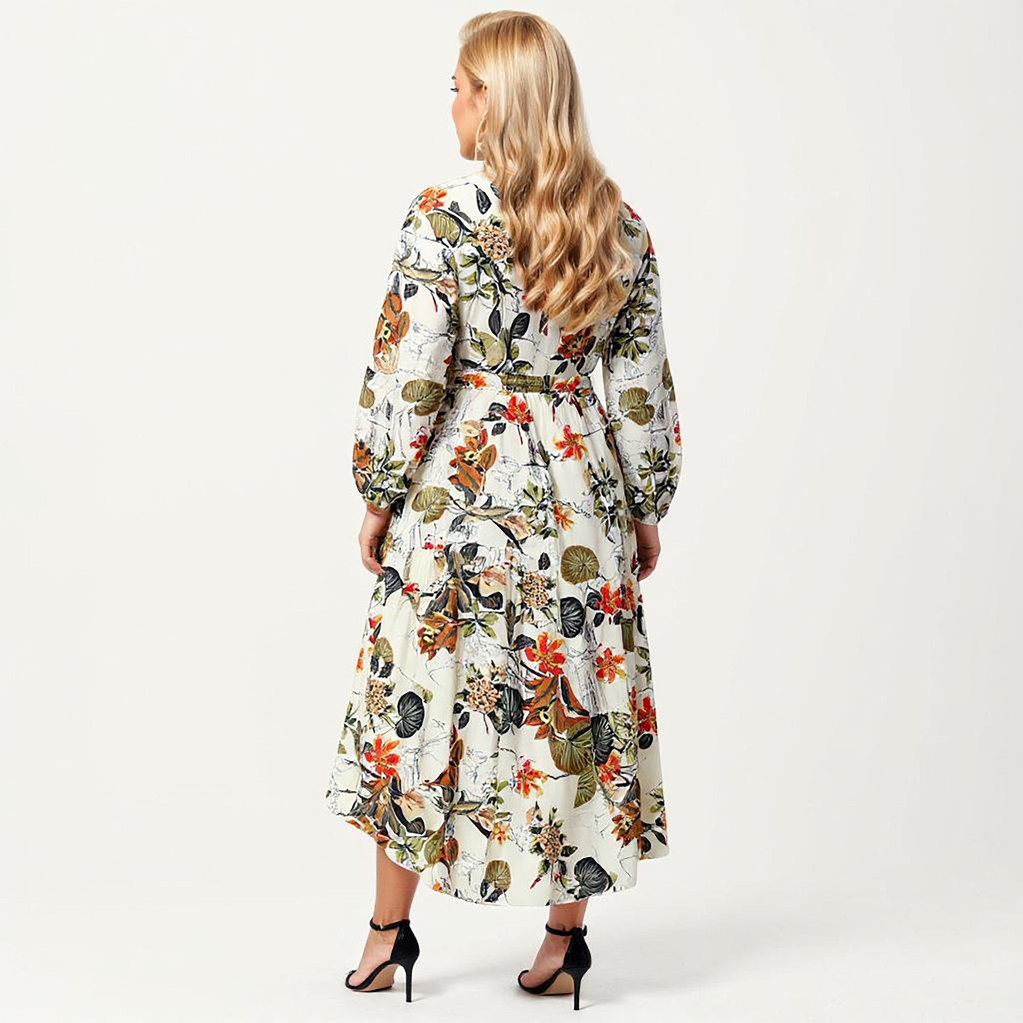 Anna-Kaci Women's Plus Size Floral Print Long Sleeve V-Neck Midi Dress with Waist Tie and Tiered Skirt