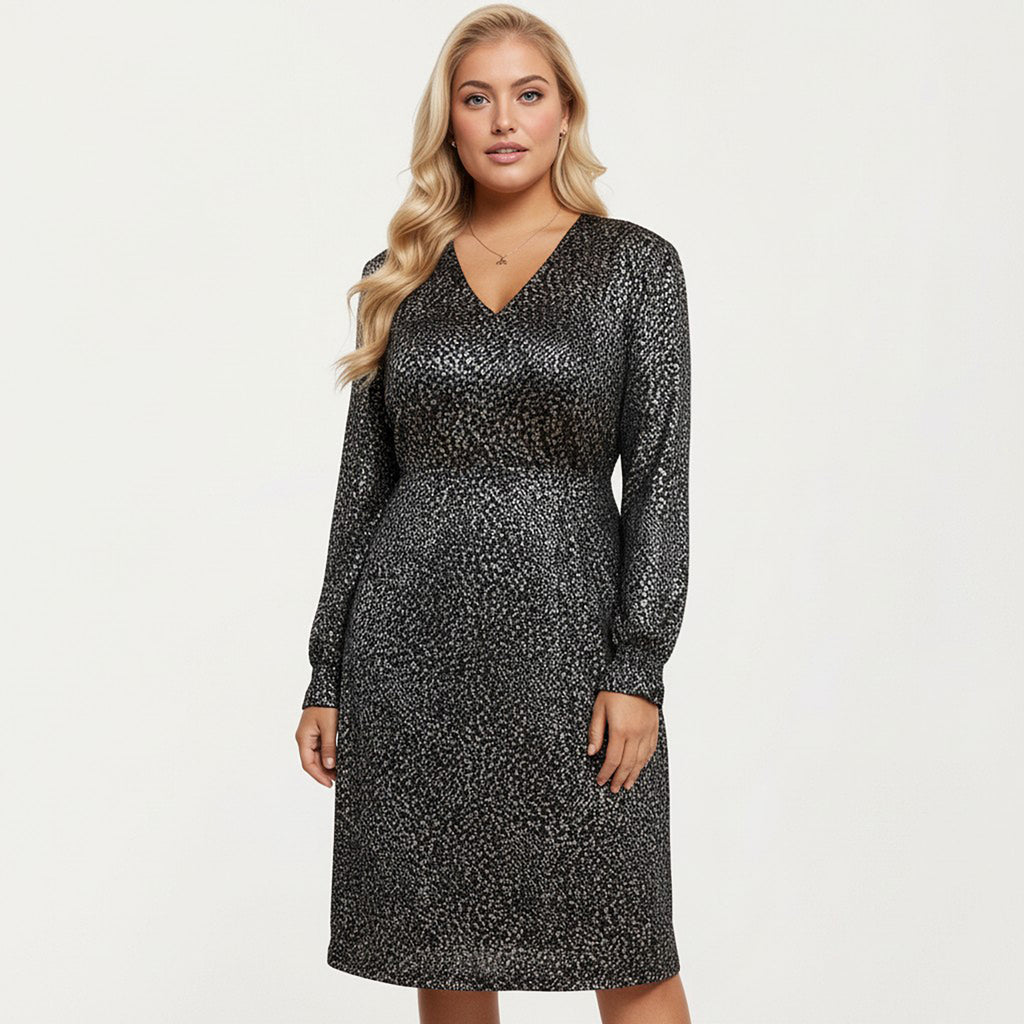 Anna-Kaci Women's Plus Size Dotted Print Long Sleeve V-Neck Midi Dress with Fitted Waist and Flowy Skirt