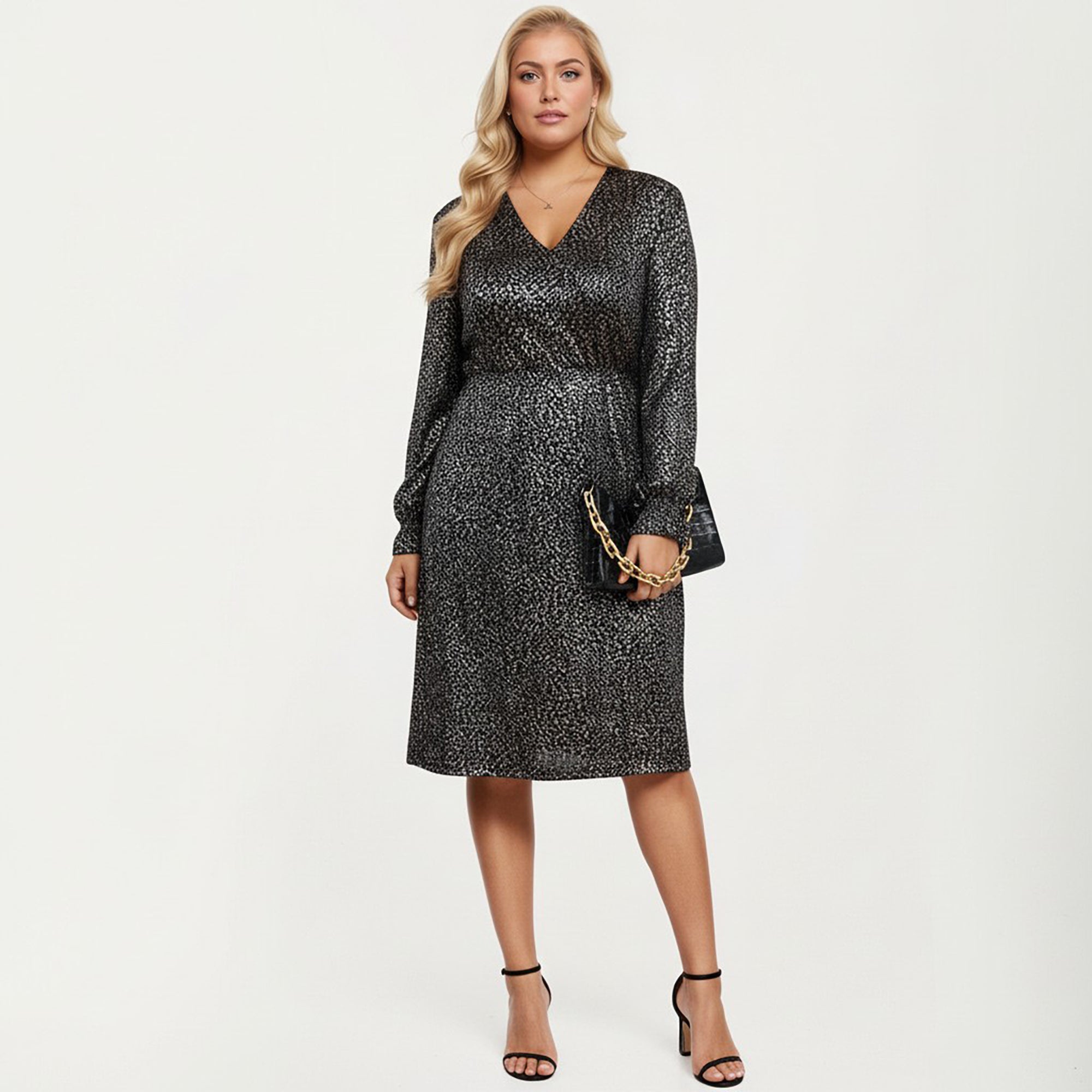 Anna-Kaci Women's Plus Size Dotted Print Long Sleeve V-Neck Midi Dress with Fitted Waist and Flowy Skirt, Black / Plus-4X-20W-22W Anna-Kaci Women's Plus Size Dotted Print Long Sleeve V-Neck Midi Dress with Fitted Waist and Flowy Skirt, Black / Plus-4X-20W-22W