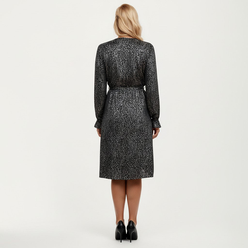 Anna-Kaci Women's Plus Size Dotted Print Long Sleeve V-Neck Midi Dress with Fitted Waist and Flowy Skirt