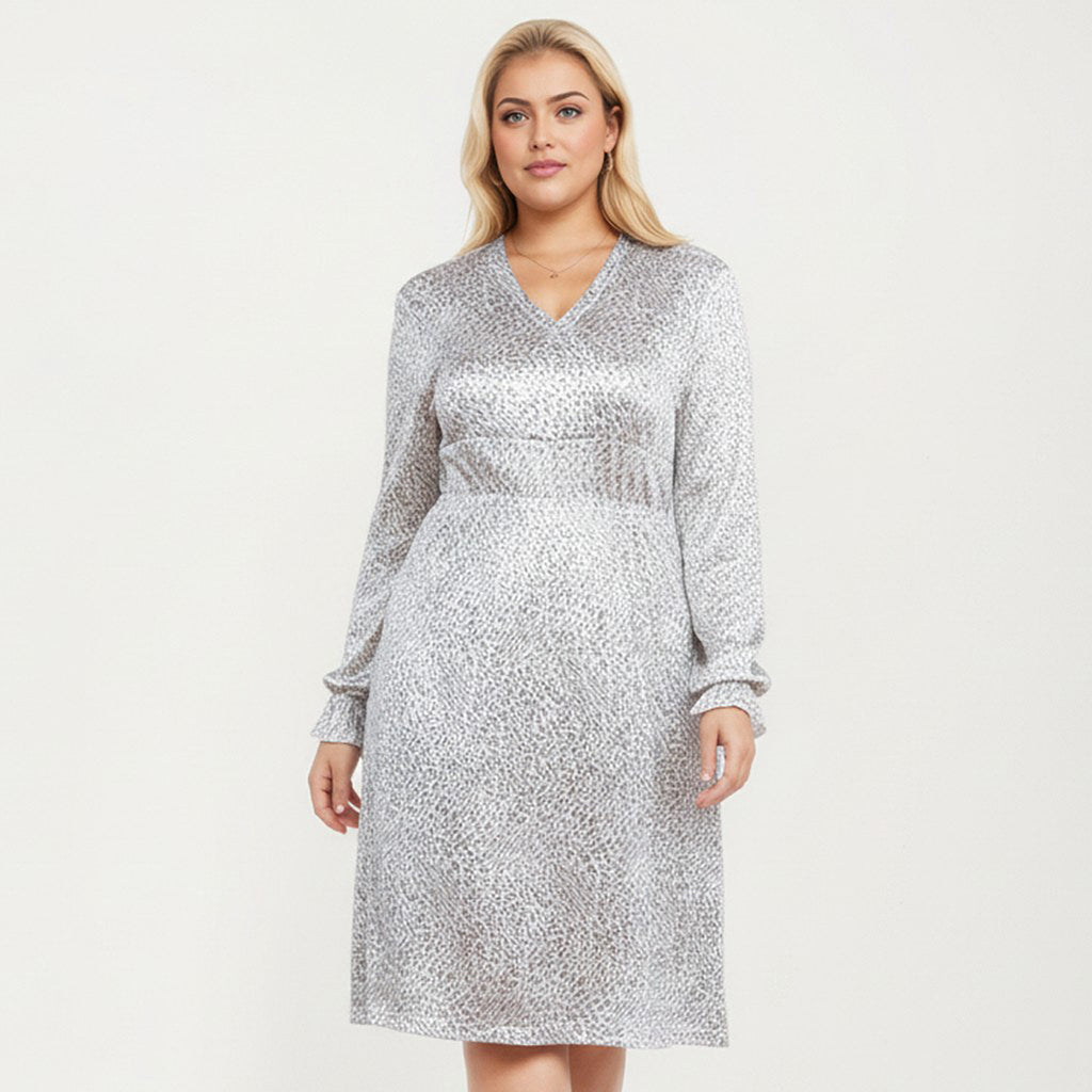 Anna-Kaci Women's Plus Size Dotted Print Long Sleeve V-Neck Midi Dress with Fitted Waist and Flowy Skirt