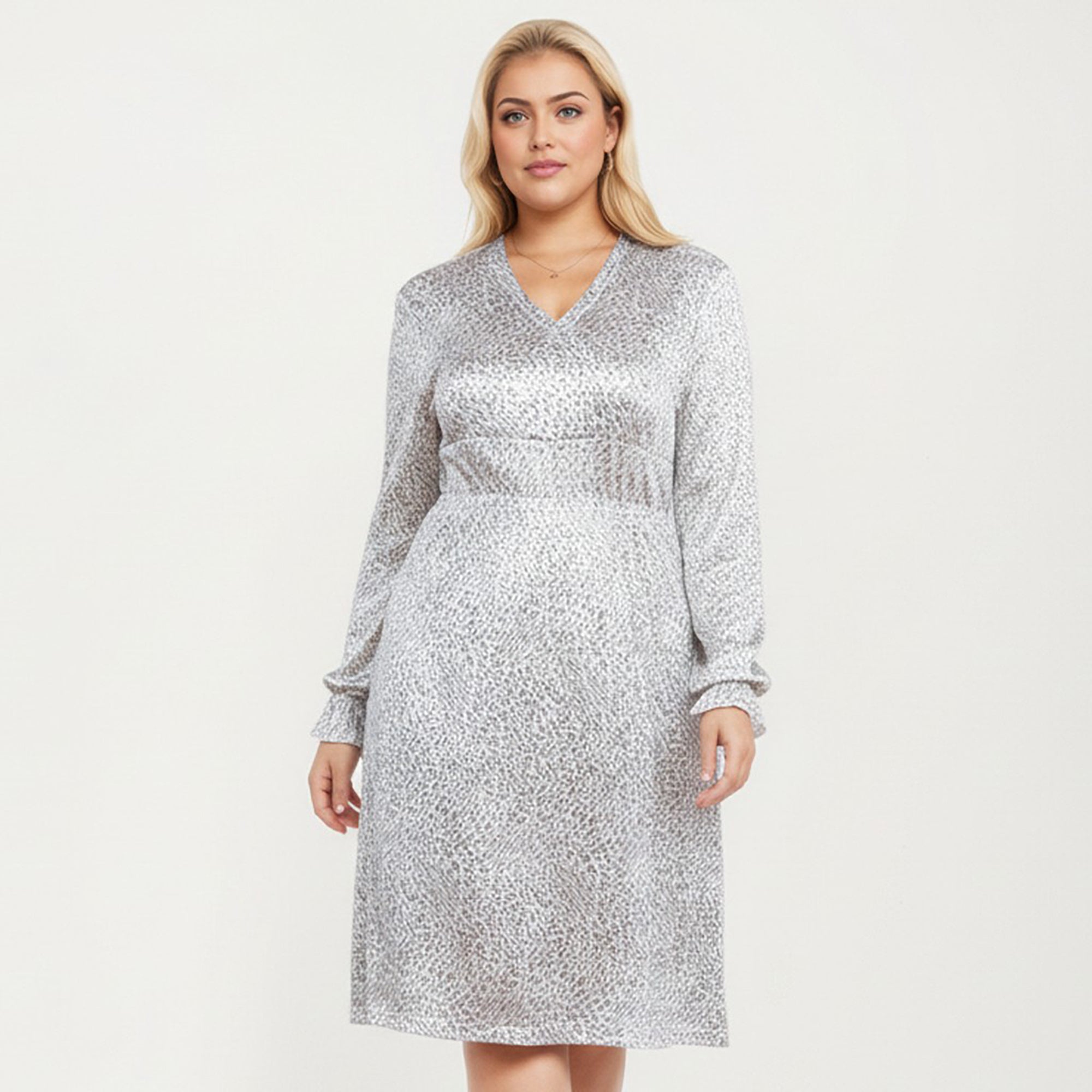 Anna-Kaci Women's Plus Size Dotted Print Long Sleeve V-Neck Midi Dress with Fitted Waist and Flowy Skirt