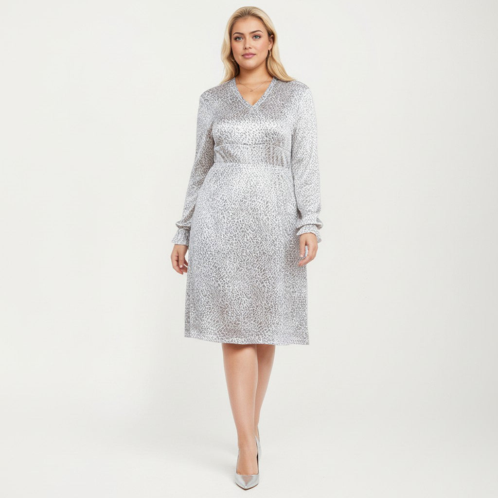 Anna-Kaci Women's Plus Size Dotted Print Long Sleeve V-Neck Midi Dress with Fitted Waist and Flowy Skirt