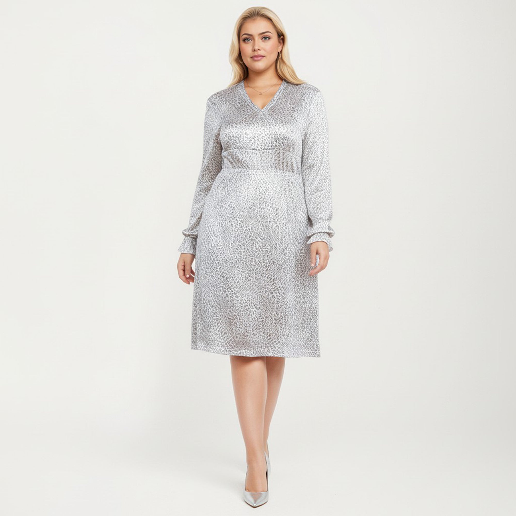 Anna-Kaci Women's Plus Size Dotted Print Long Sleeve V-Neck Midi Dress with Fitted Waist and Flowy Skirt