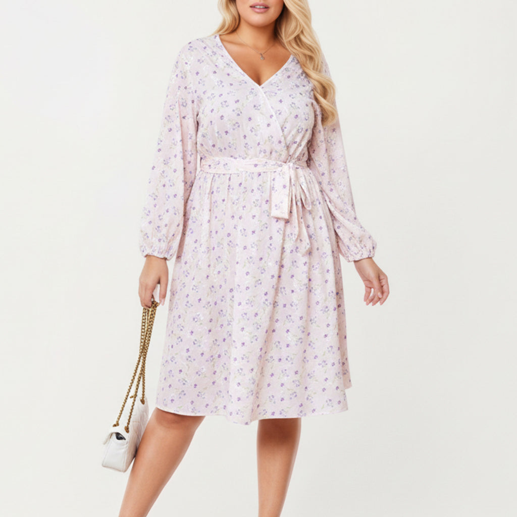 Anna-Kaci Women's Plus Size Floral Print Long Sleeve Wrap Midi Dress with V-Neckline and Adjustable Waist Tie
