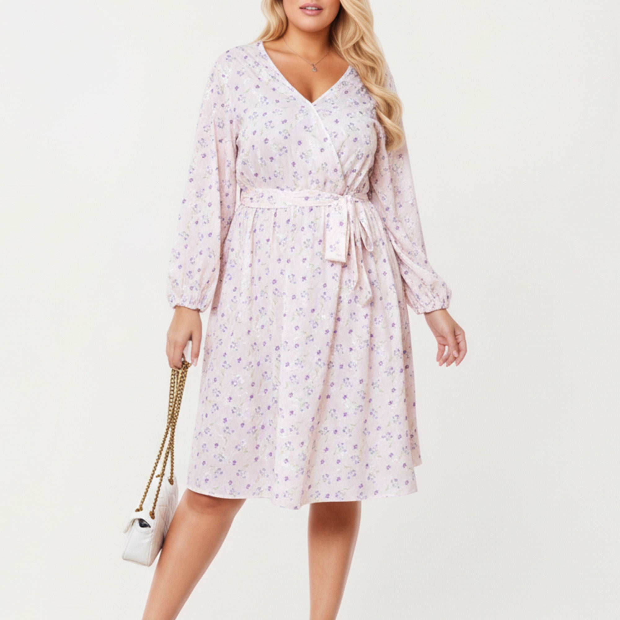 Anna-Kaci Women's Plus Size Floral Print Long Sleeve Wrap Midi Dress with V-Neckline and Adjustable Waist Tie