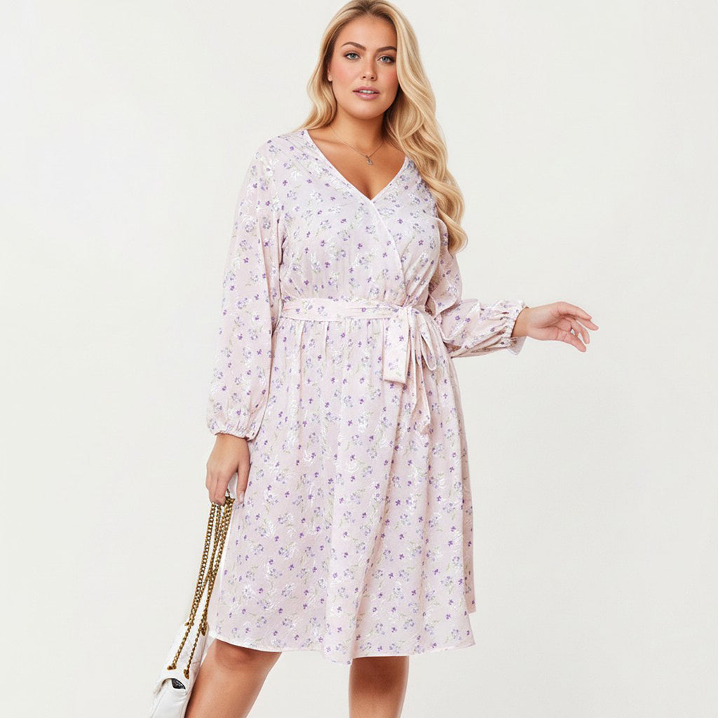 Anna-Kaci Women's Plus Size Floral Print Long Sleeve Wrap Midi Dress with V-Neckline and Adjustable Waist Tie