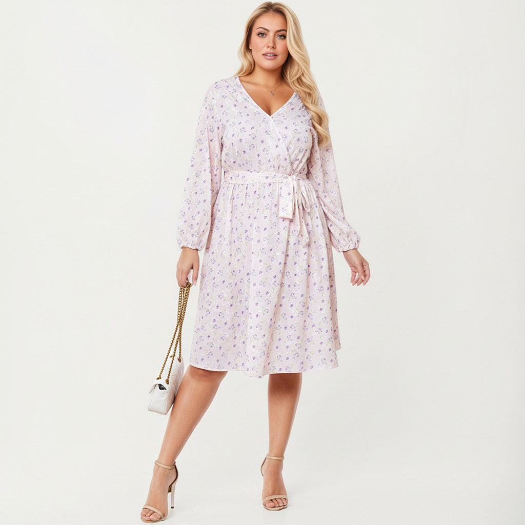Anna-Kaci Women's Plus Size Floral Print Long Sleeve Wrap Midi Dress with V-Neckline and Adjustable Waist Tie