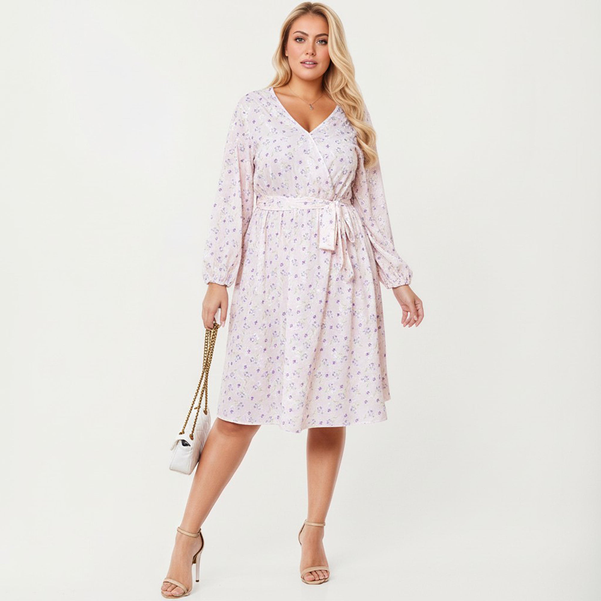 Anna-Kaci Women's Plus Size Floral Print Long Sleeve Wrap Midi Dress with V-Neckline and Adjustable Waist Tie