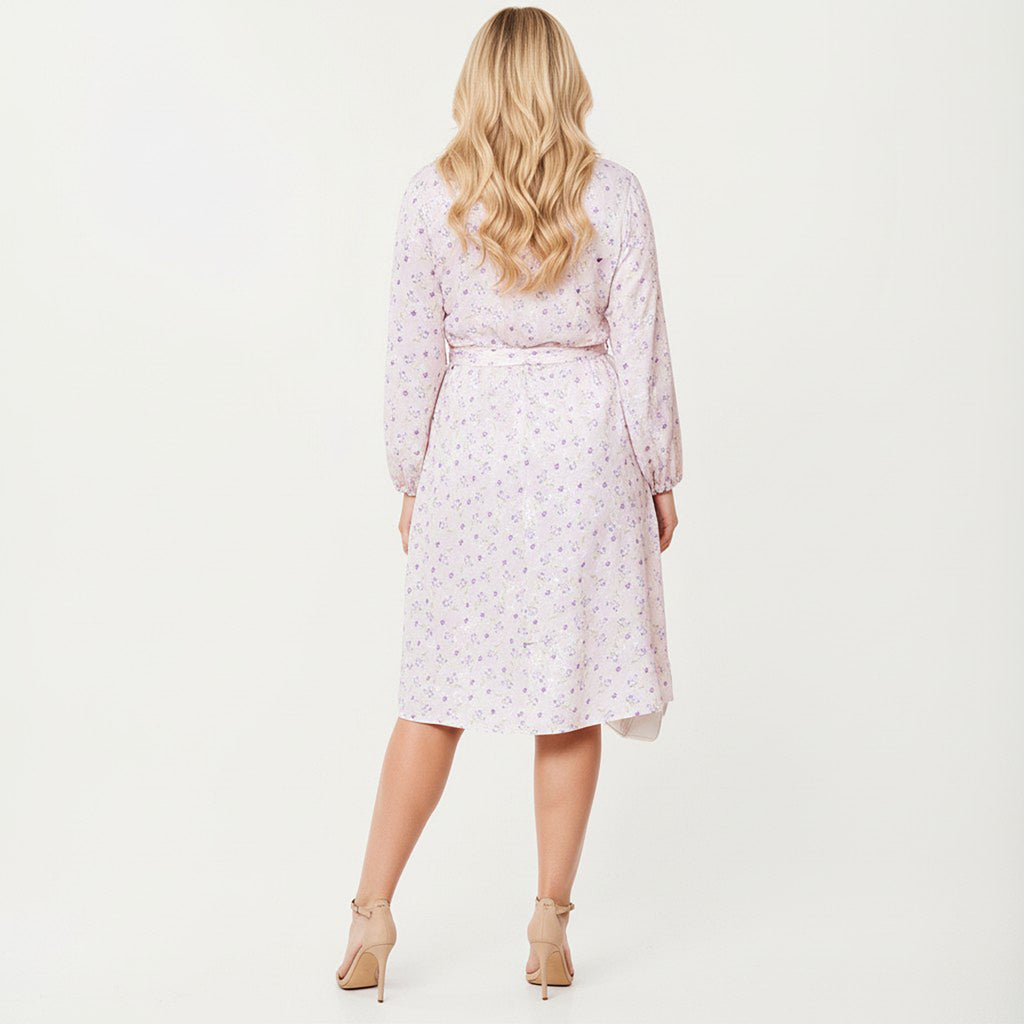 Anna-Kaci Women's Plus Size Floral Print Long Sleeve Wrap Midi Dress with V-Neckline and Adjustable Waist Tie