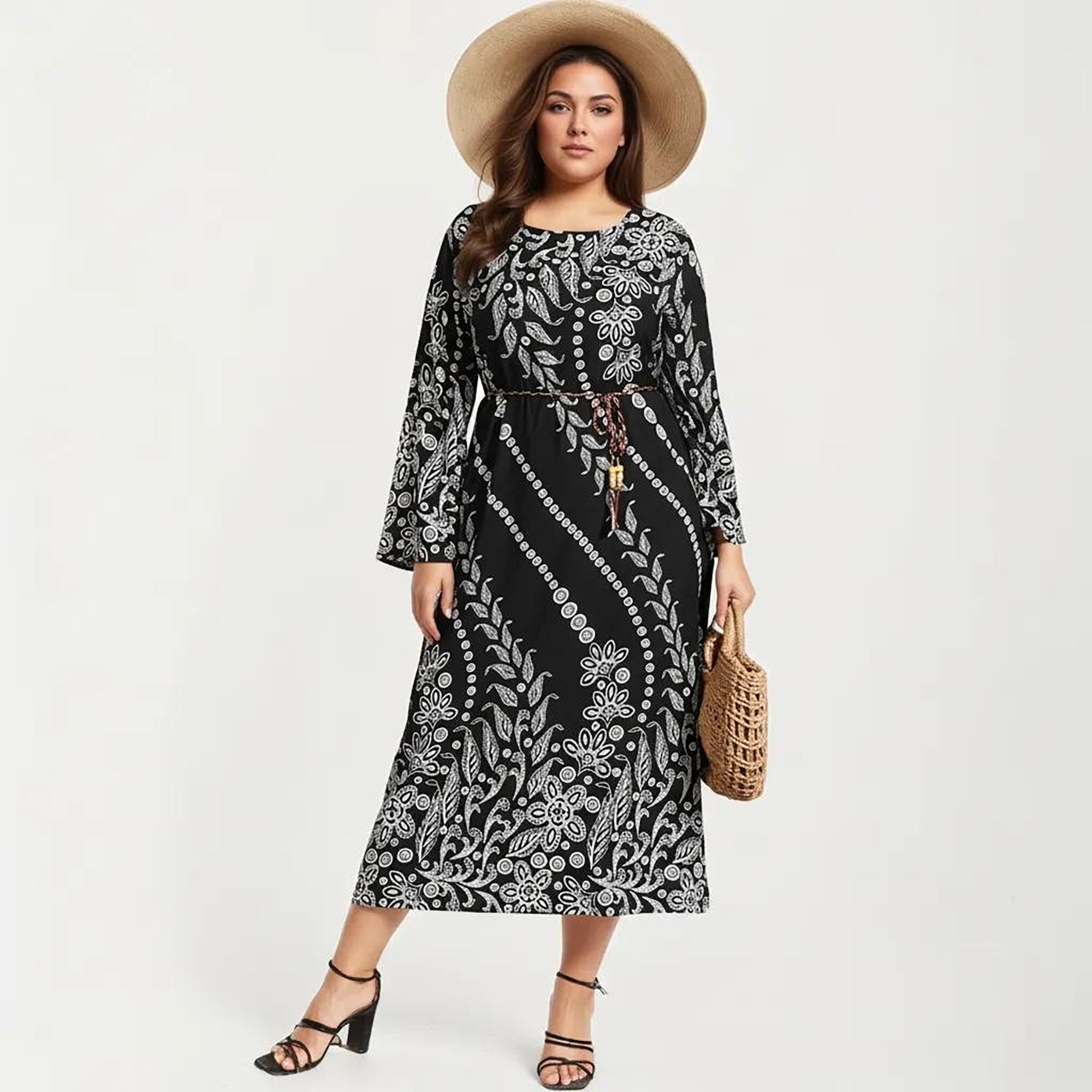 Anna-Kaci Women's Plus Size Paisley Print Long Sleeve Midi Dress with Round Neckline and Adjustable Waist Tie