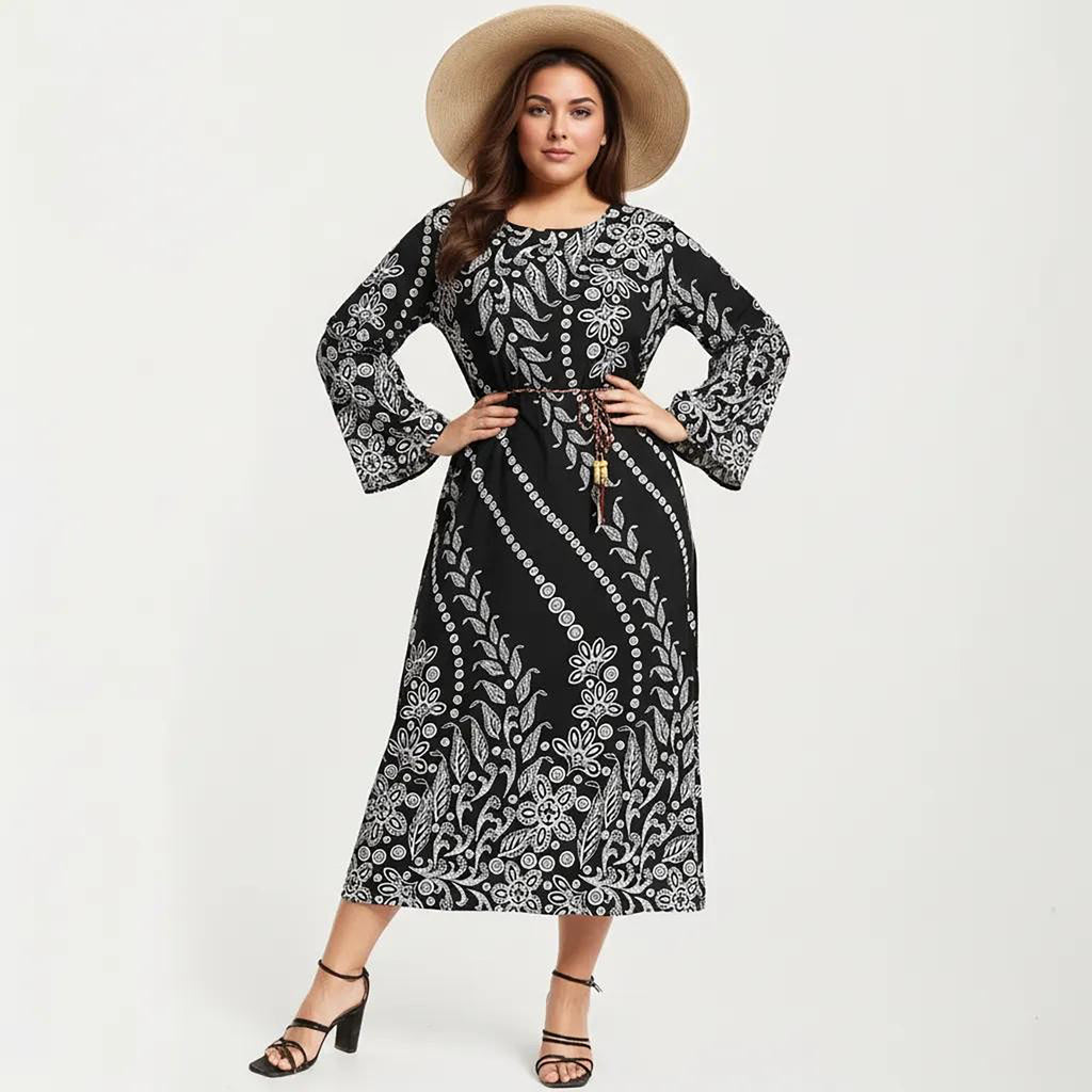 Anna-Kaci Women's Plus Size Paisley Print Long Sleeve Midi Dress with Round Neckline and Adjustable Waist Tie